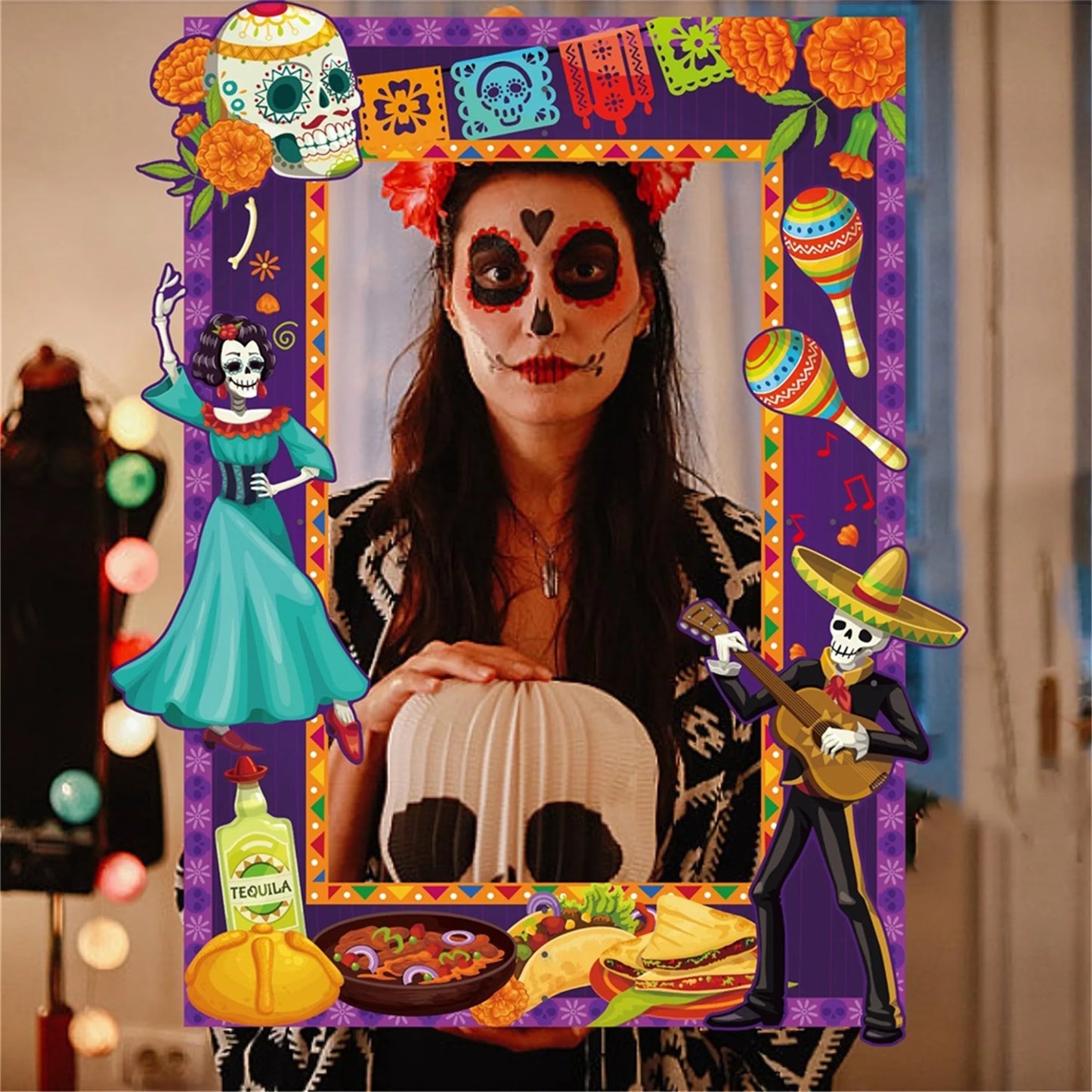 Mexican Day of The Dead DIY Photo Booth Kit with Sugar Skull Stickers and Picture Frame