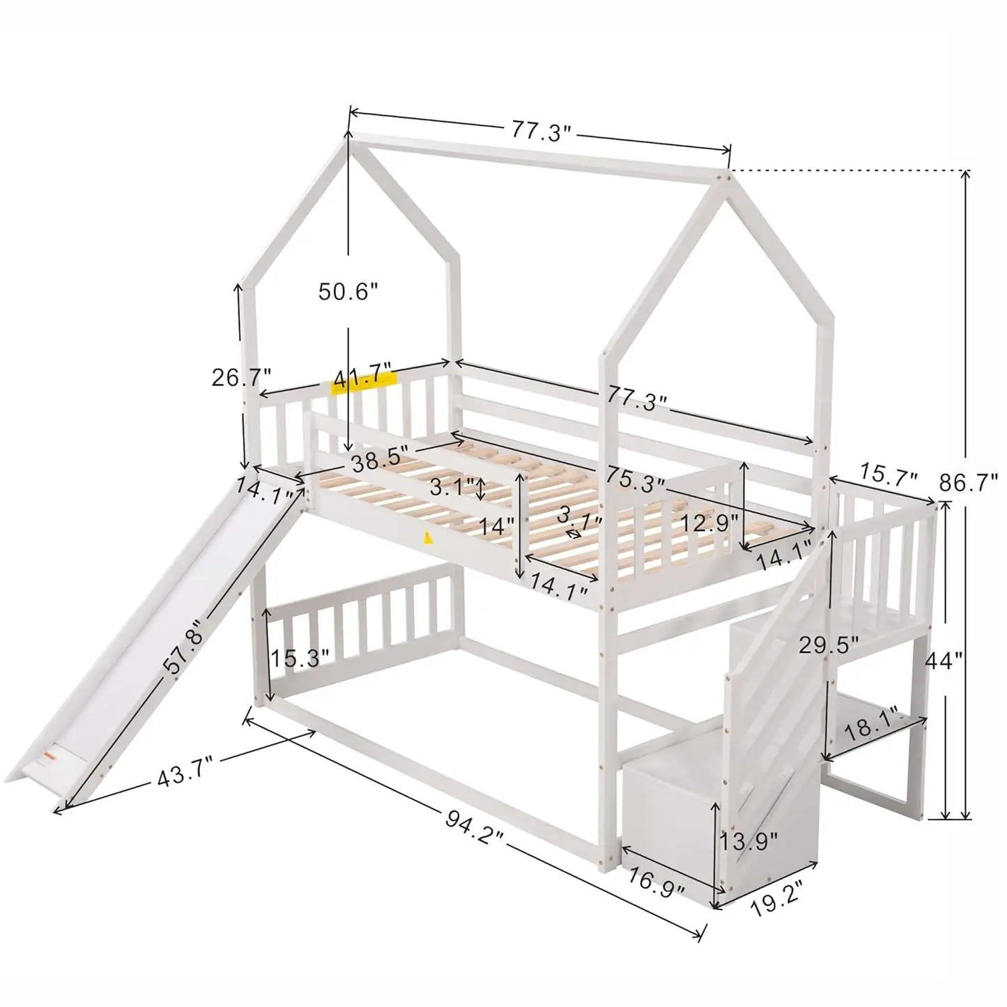 Twin Over Twin Bunk Bed with Slide and Stairs and Storage Shelves