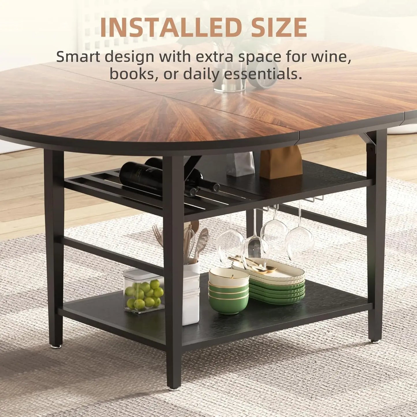 Extendable Round Dining Table with Wine Rack Storage Shelf
