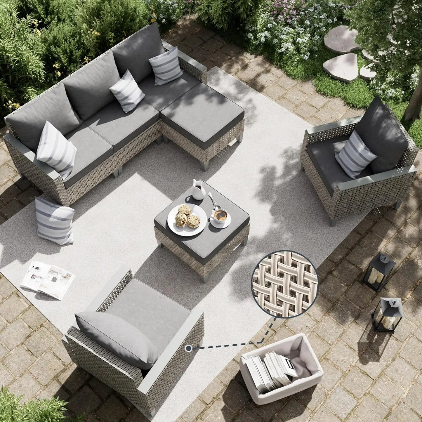 Outdoor Patio Furniture Set with Sectional Sofa, Ottomans and Thick Cushions