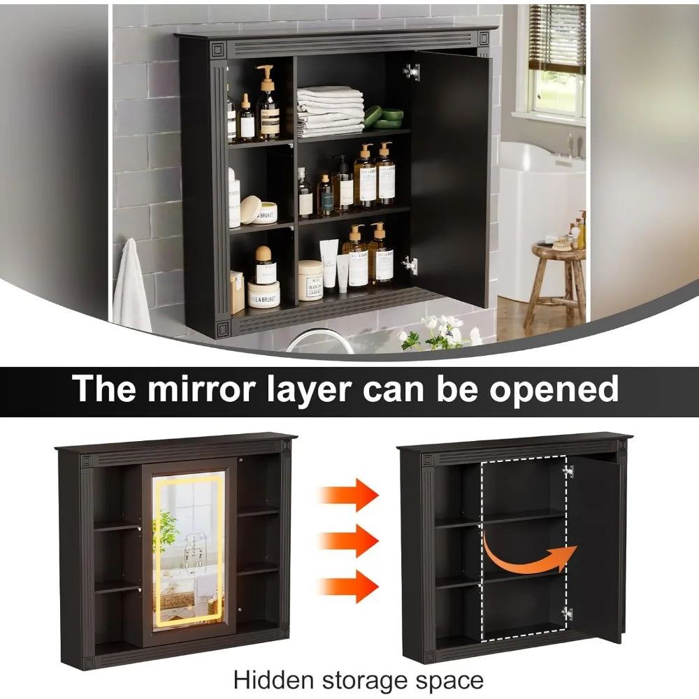 Wood Medicine Cabinet Over The Toilet Storage Organizer with Mirrored Doors