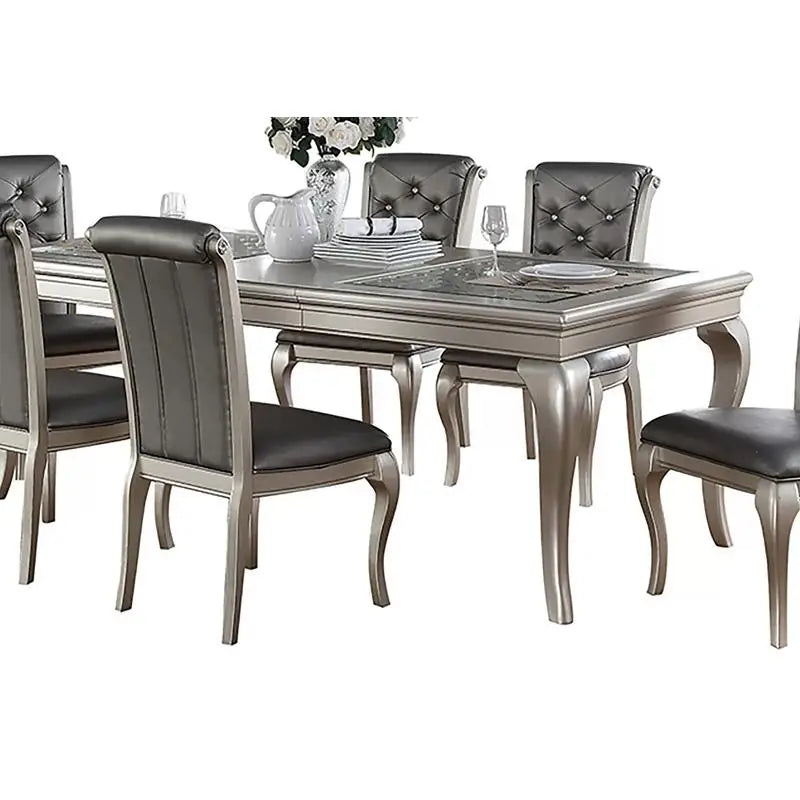Rect. Glass Dining Table Set w/ Silver Hue & 6 Tufted Side Chairs
