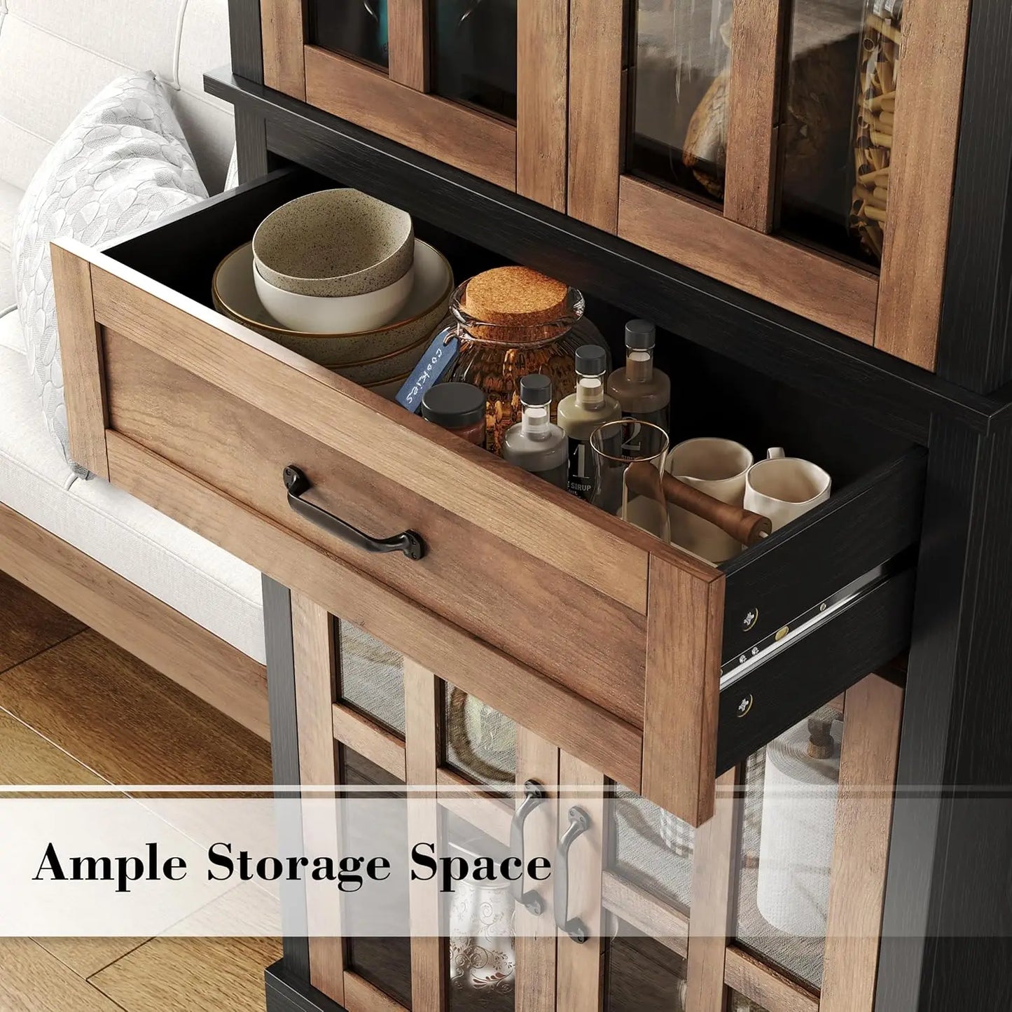 Tall Kitchen Cabinet with Glass Doors and Drawer