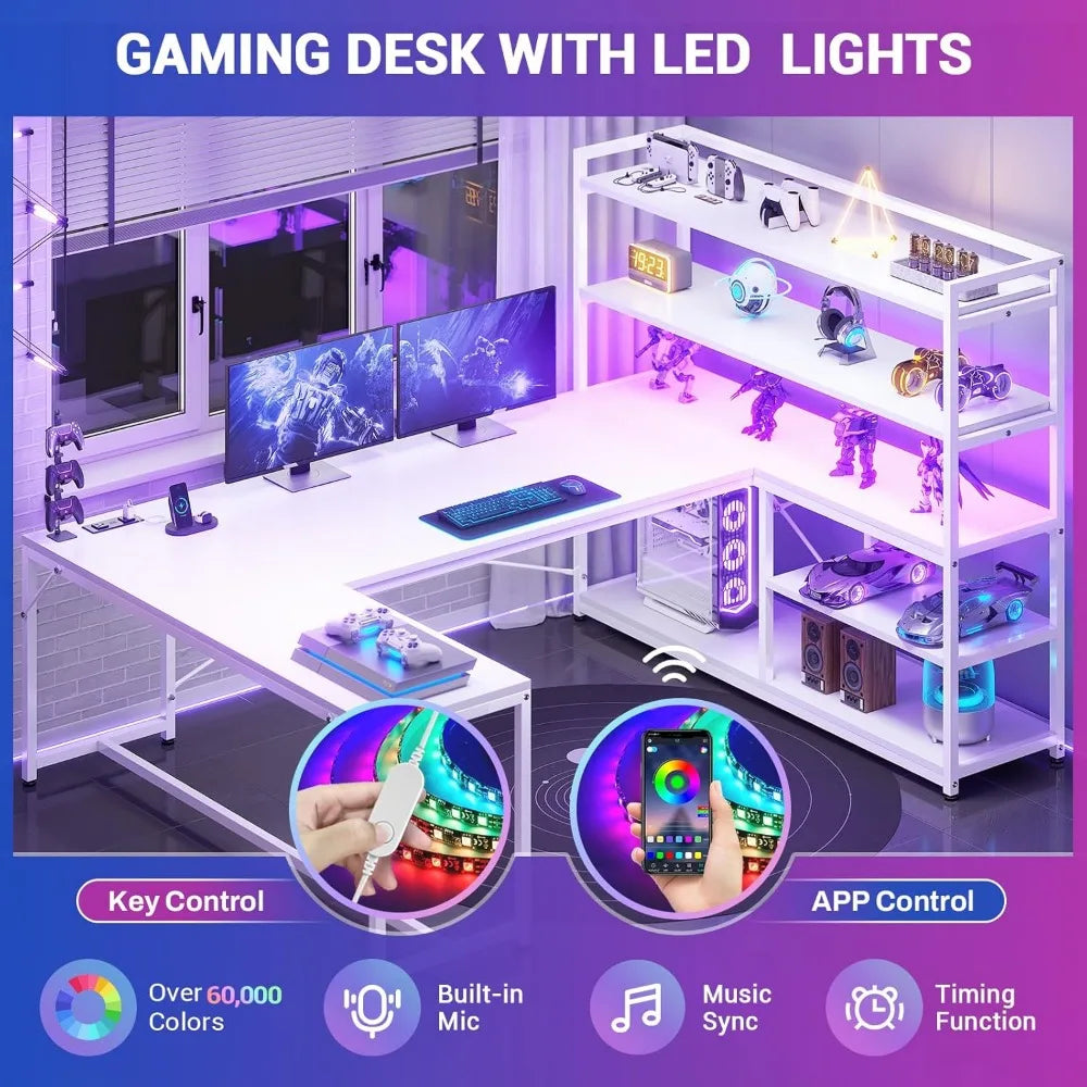 Desk with Storage Shelves and LED Lights for L-Shaped Office Setup