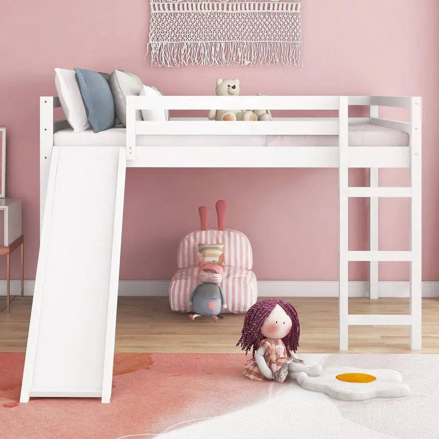 Full Loft Bed Frame with Slide and Ladder Safety Rail