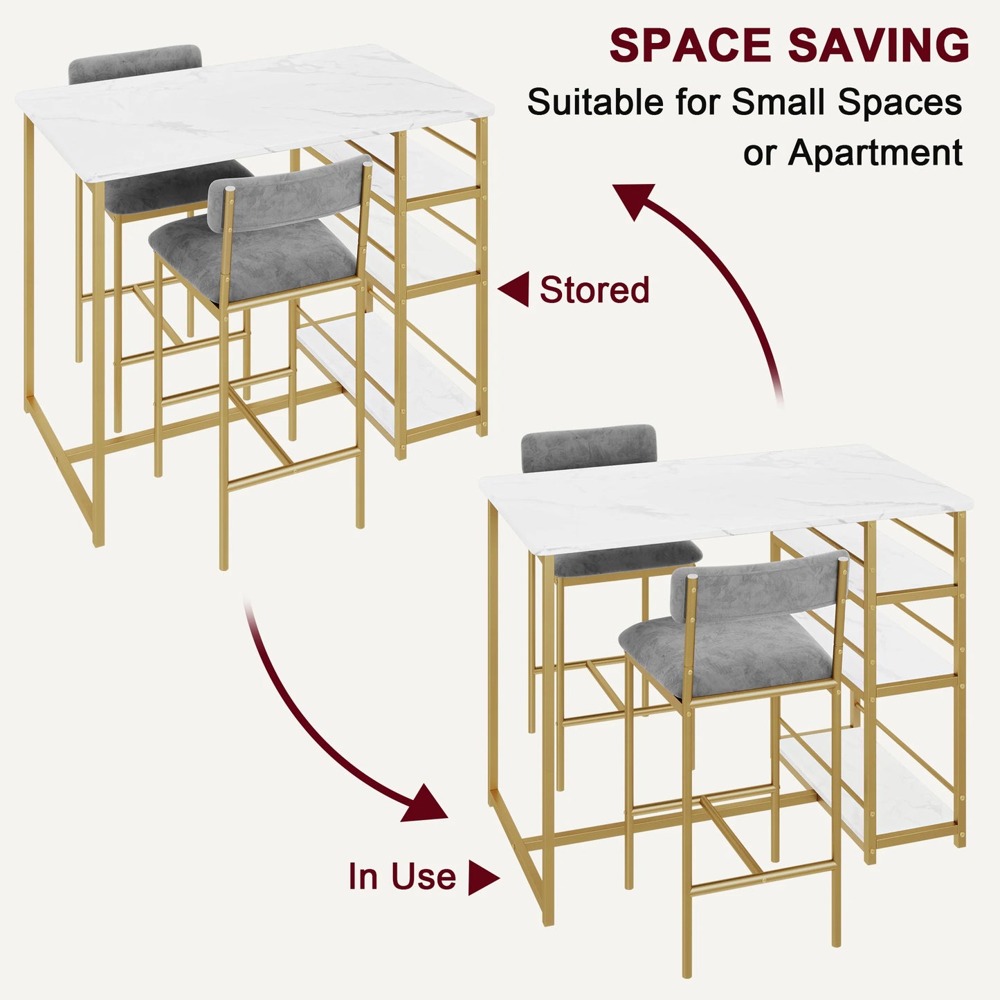 Dining Table and Chairs Set Space-Saving Bar Table with 2 PU Cushioned Stools