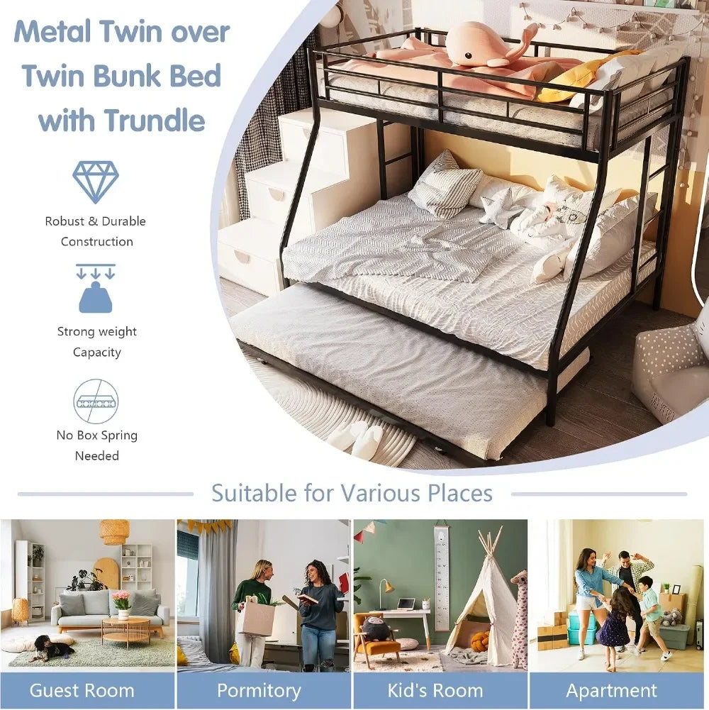 Heavy Duty Metal Triple Bed Frame with Trundle