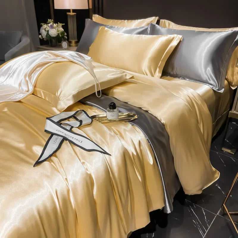 Solid Silk Bedding Set with Duvet Cover Bed Sheet