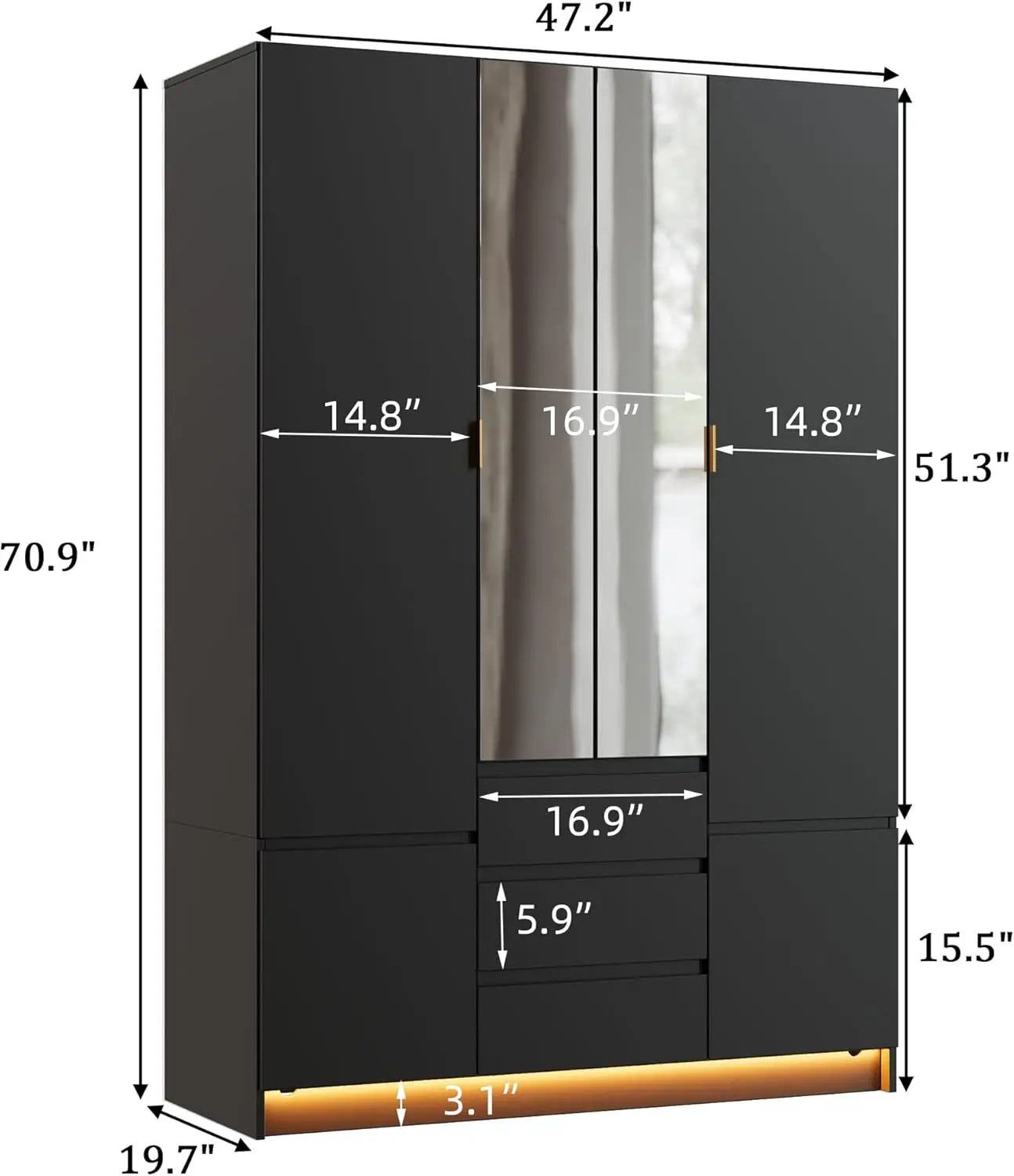 Wardrobe Closet with Led Light & Mirror,