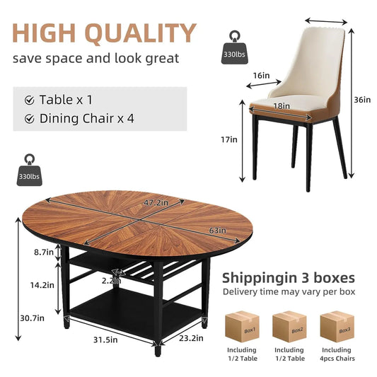 Extendable Round Dining Table with Wine Rack Storage Shelf