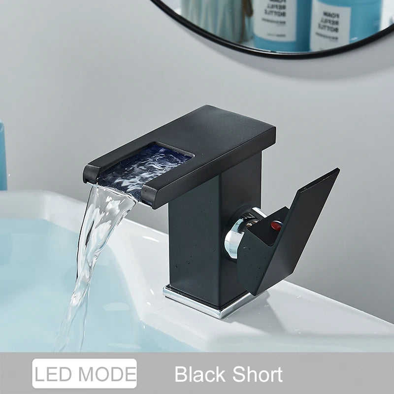 Luxury LED Color Changing Waterfall Basin Sink Faucet Single Handle Deck Mounted Hot and Cold Mixer Taps