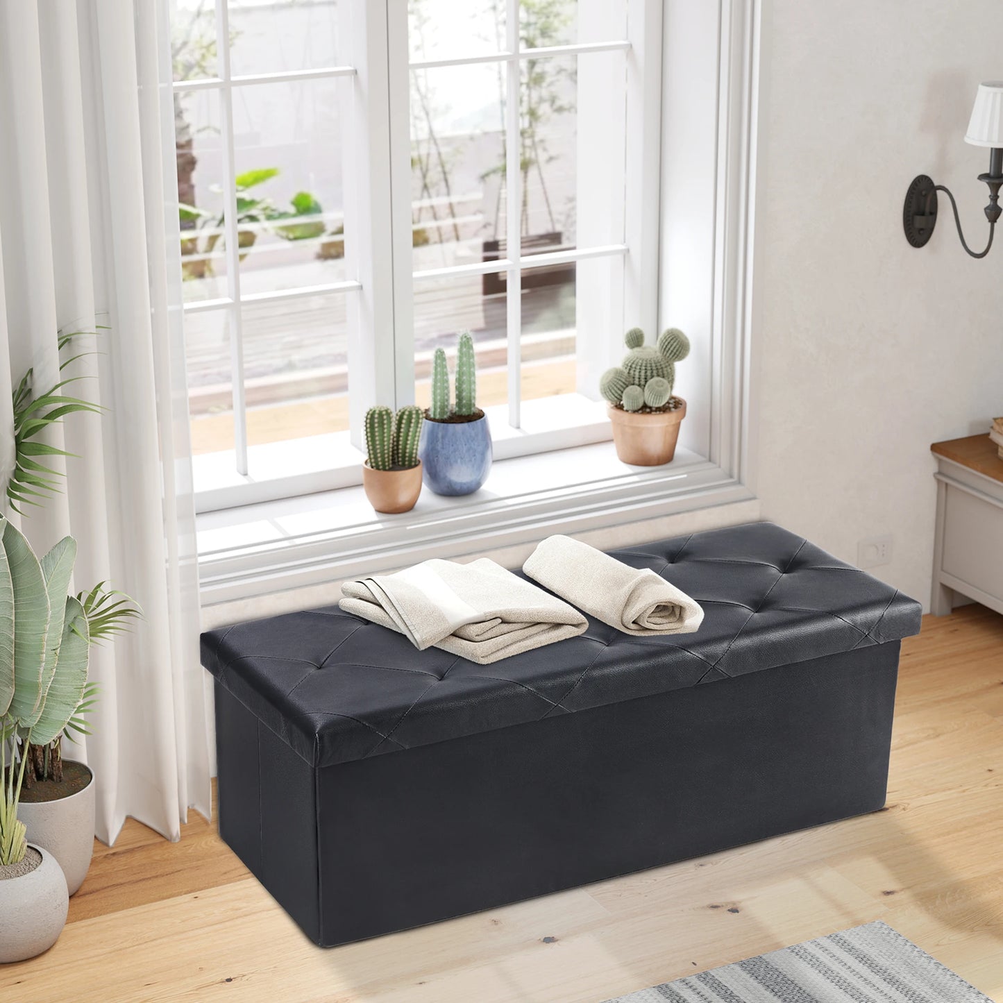 Leather Folding Ottoman Storage Footstool Bench