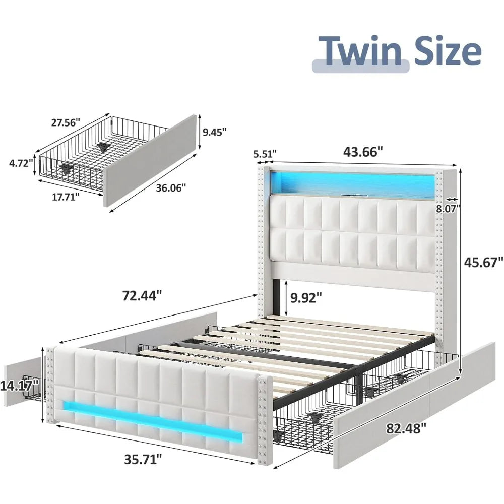 Bed Frame with Charging Station and 4 Storage Drawers