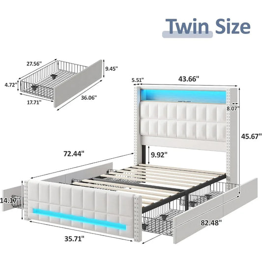 Bed Frame with Charging Station and 4 Storage Drawers