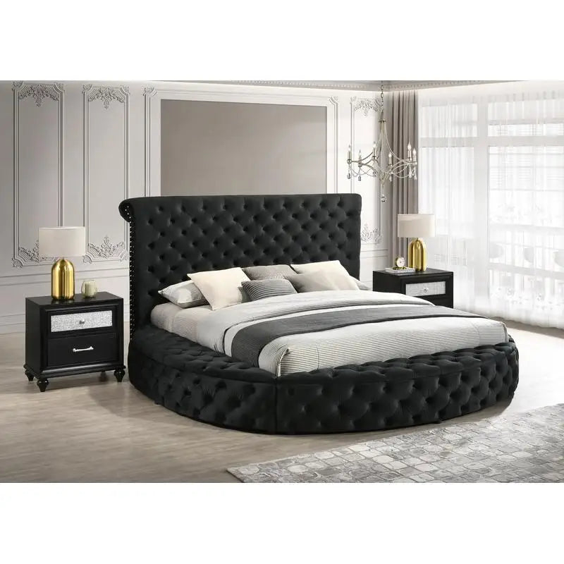 Black Velvet Button-Tufted Storage Bed with 2 Nightstands