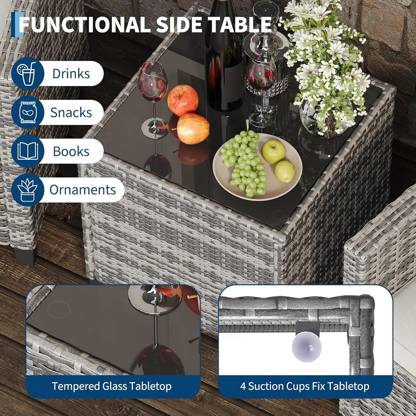 Rattan Patio Chairs and Table Set with Tempered Glass Tabletop and Cushions