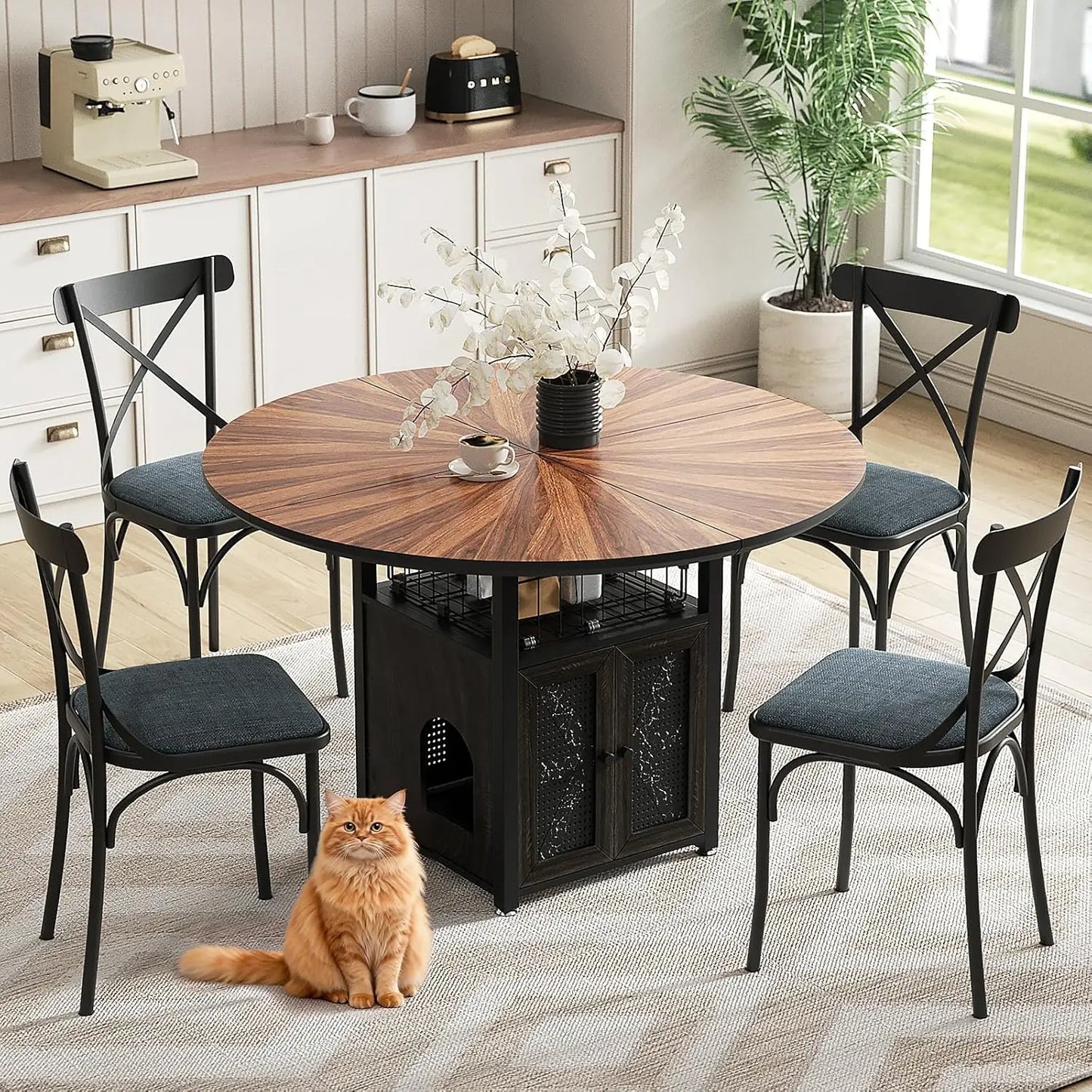 Extendable Round Dining Table with Wine Rack Storage Shelf