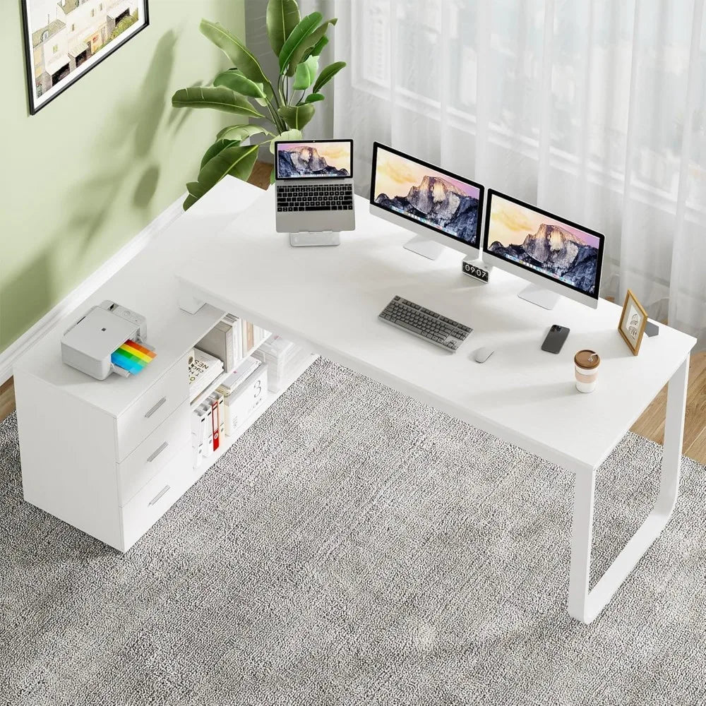 L-Shaped Desk with Drawers and Shelves