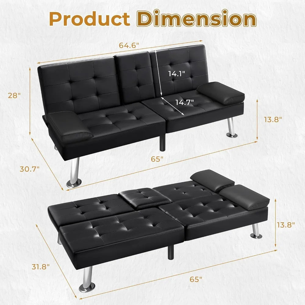 Modern Faux Leather Futon Sofa with Armrest