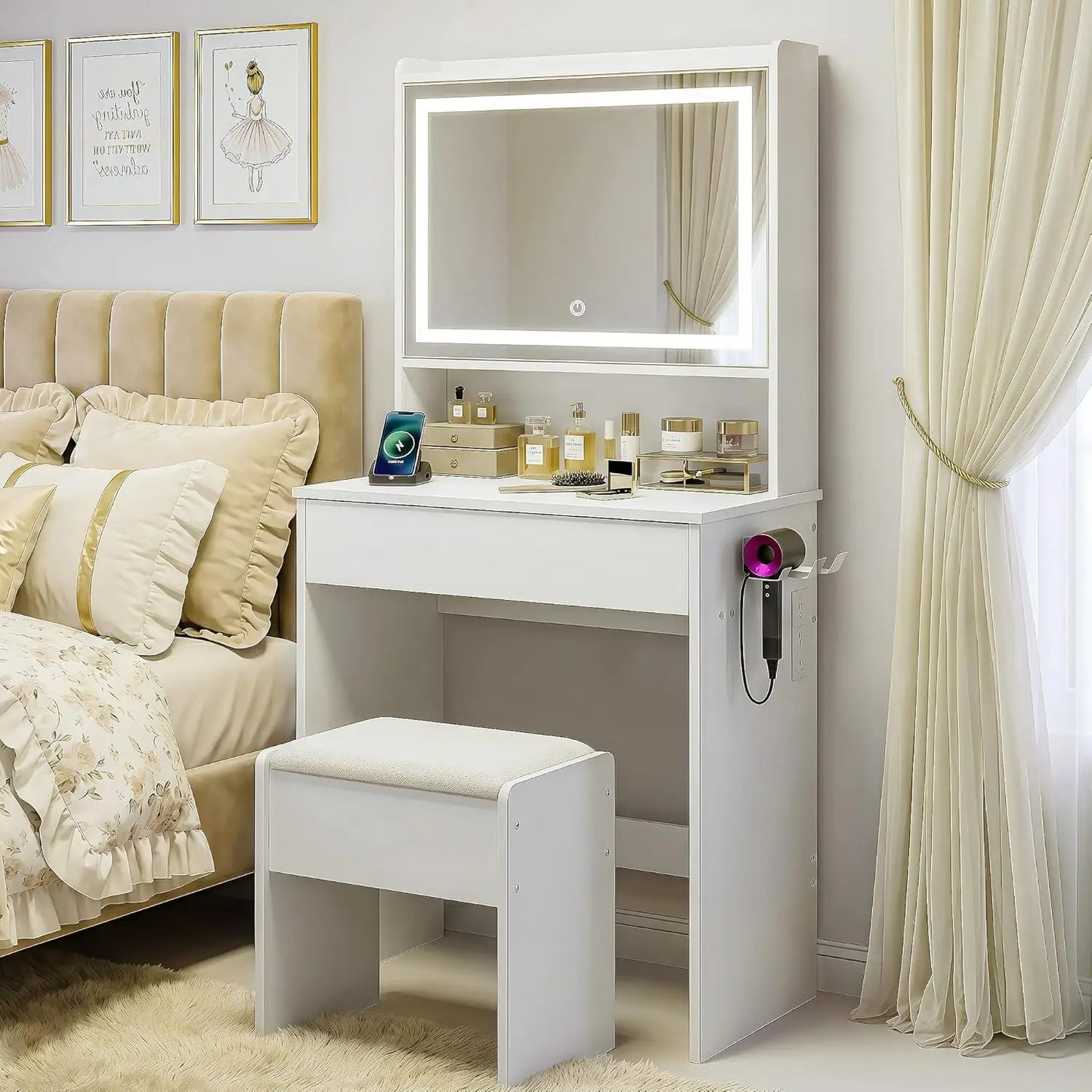 Vanity Desk Lighted Mirror with Charging Station and Storage Shelf