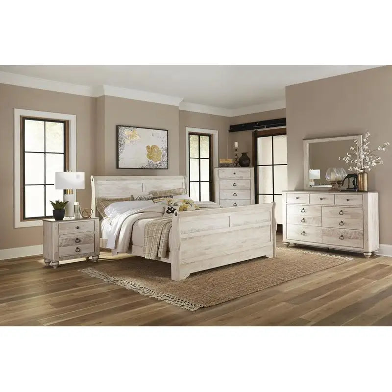 Contemporary White Wash Finish Sleigh Bedroom Set