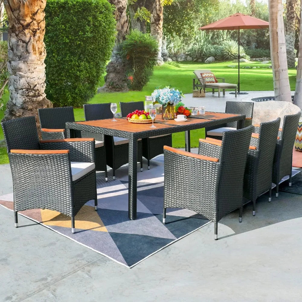 Acacia Wood Table and Chairs with Soft Cushions Wicker Patio Furniture