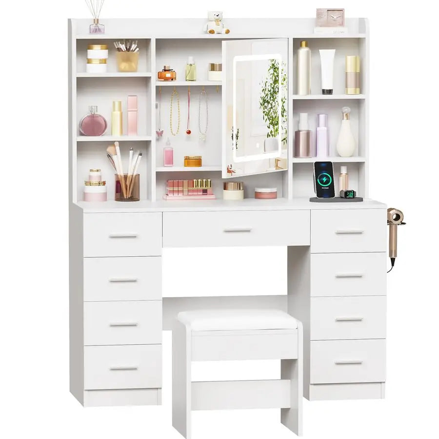 Vanity Desk with Mirror Lights, Power Outlet and Jewelry Storage