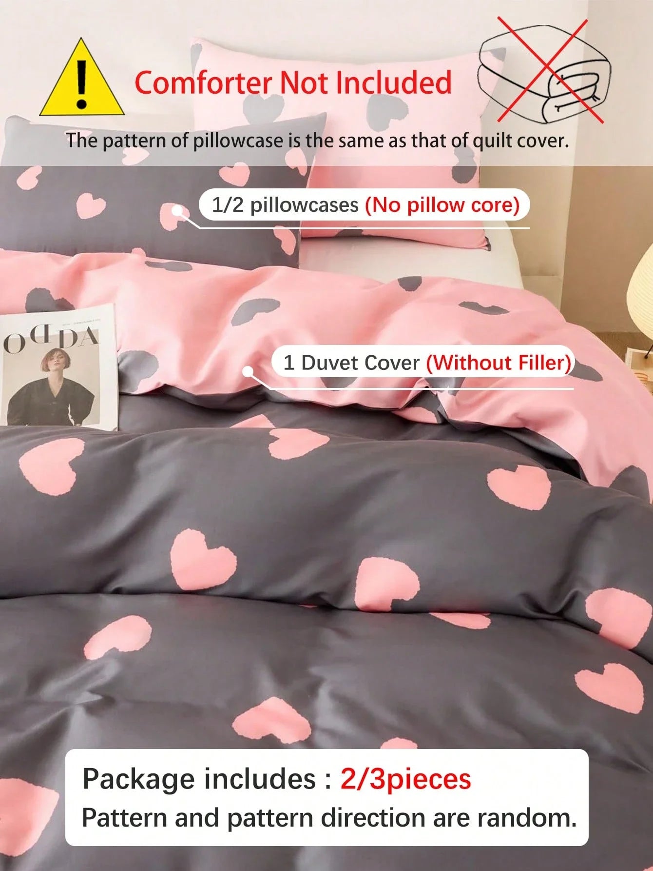 Gray And Pink Heart Print Duvet Cover Set
