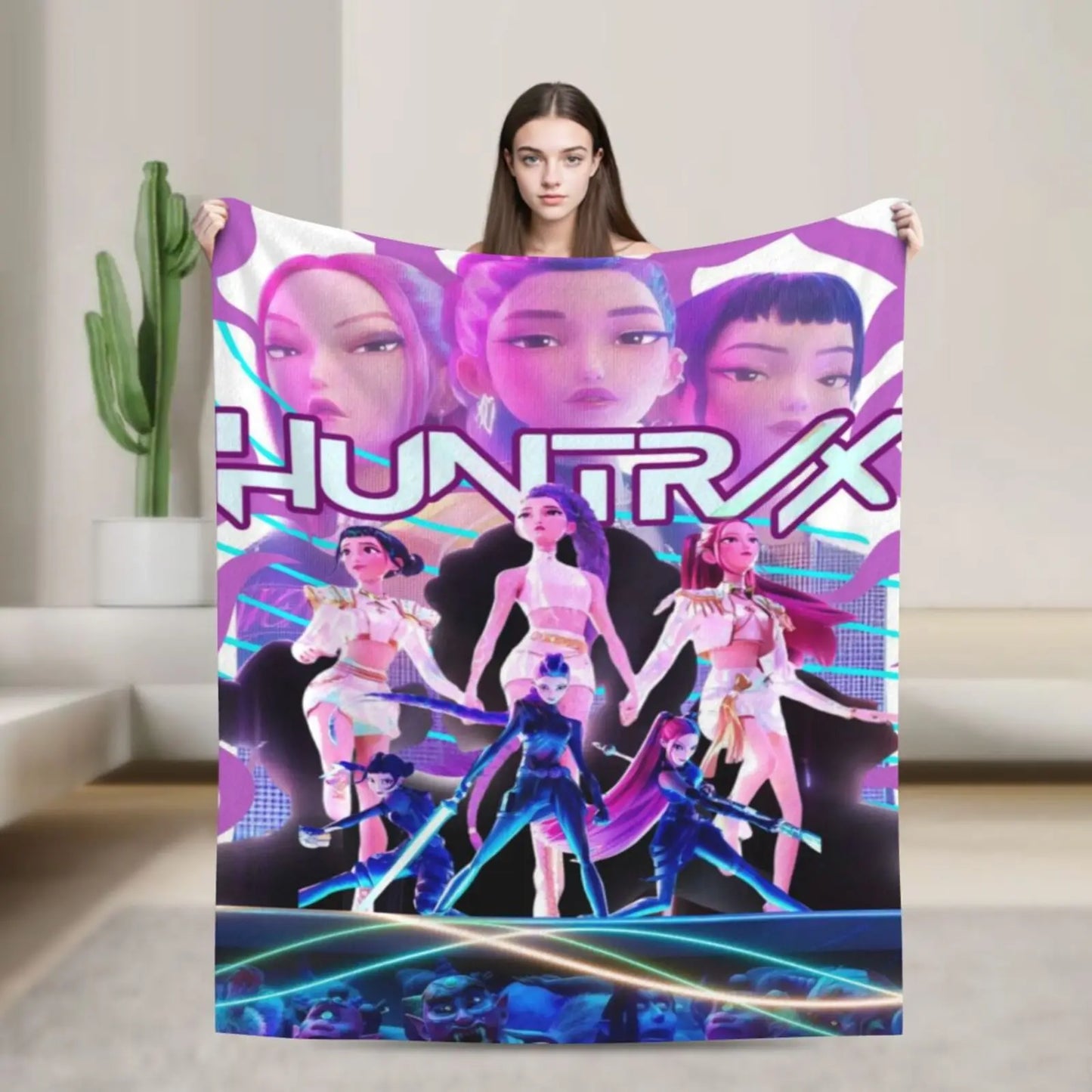 Huntrix Girls K-Pop Demon Hunter Anime-Inspired Flannel Throw Blanket