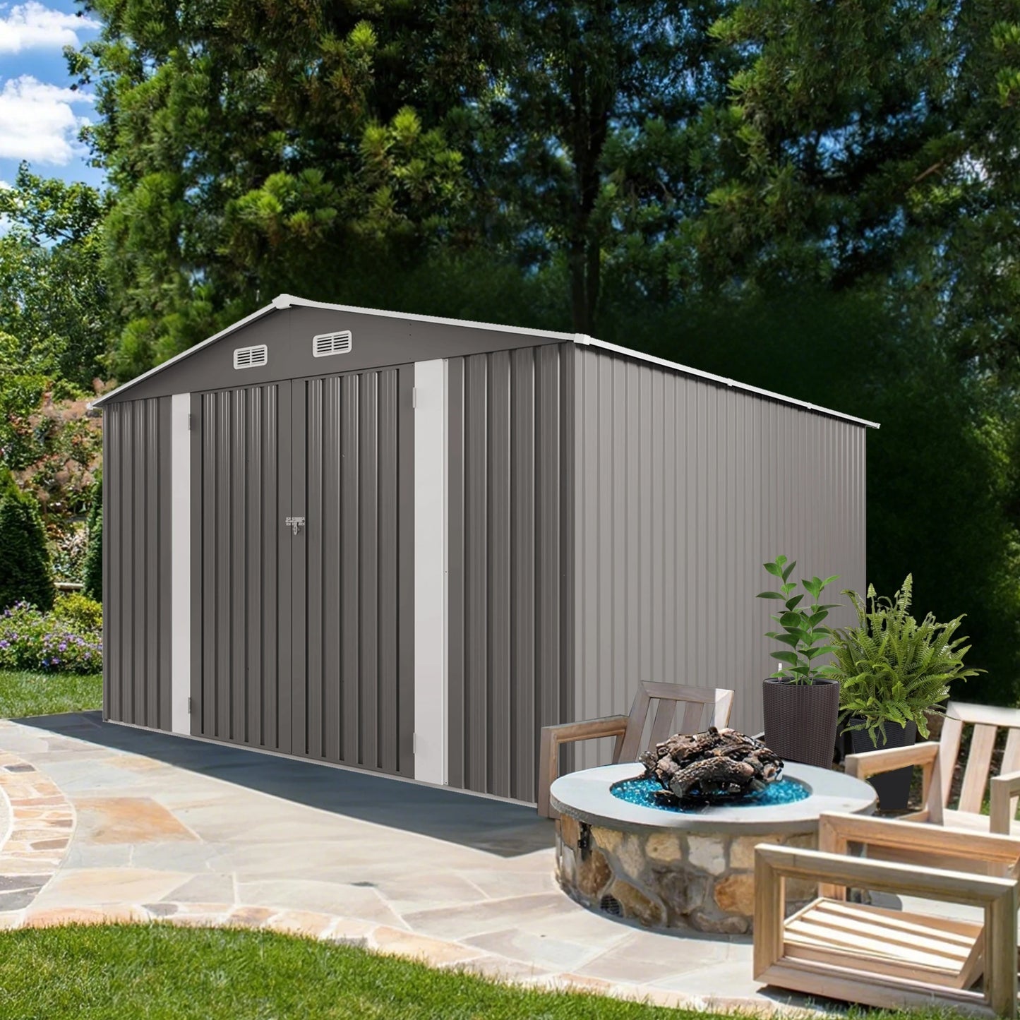 Outdoor Storage Shed - Metal Garden Shed with Double Door