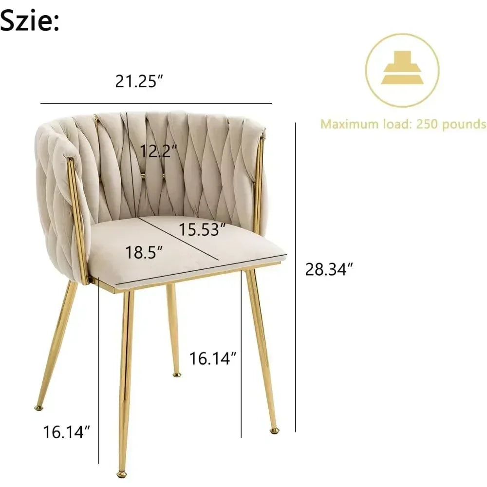 Woven Velvet Upholstered Dining Chairs Set with Gold Metal Legs