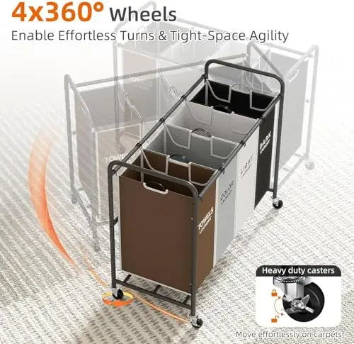 Rolling Laundry Organizer Cart With Locking Casters & Washable Oxford Fabric Bins