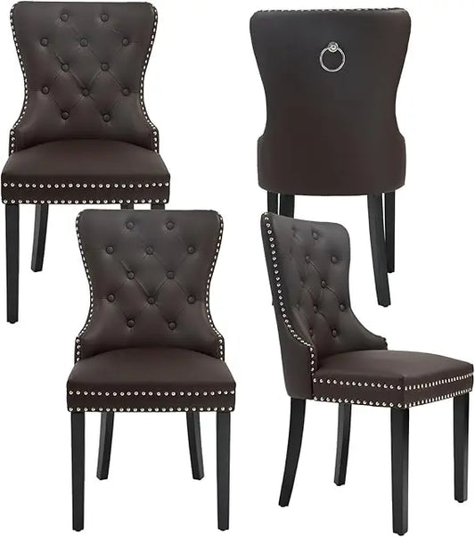 Tufted Upholstered Leather Dining Chairs with Solid Wood Legs and a Pull Ring