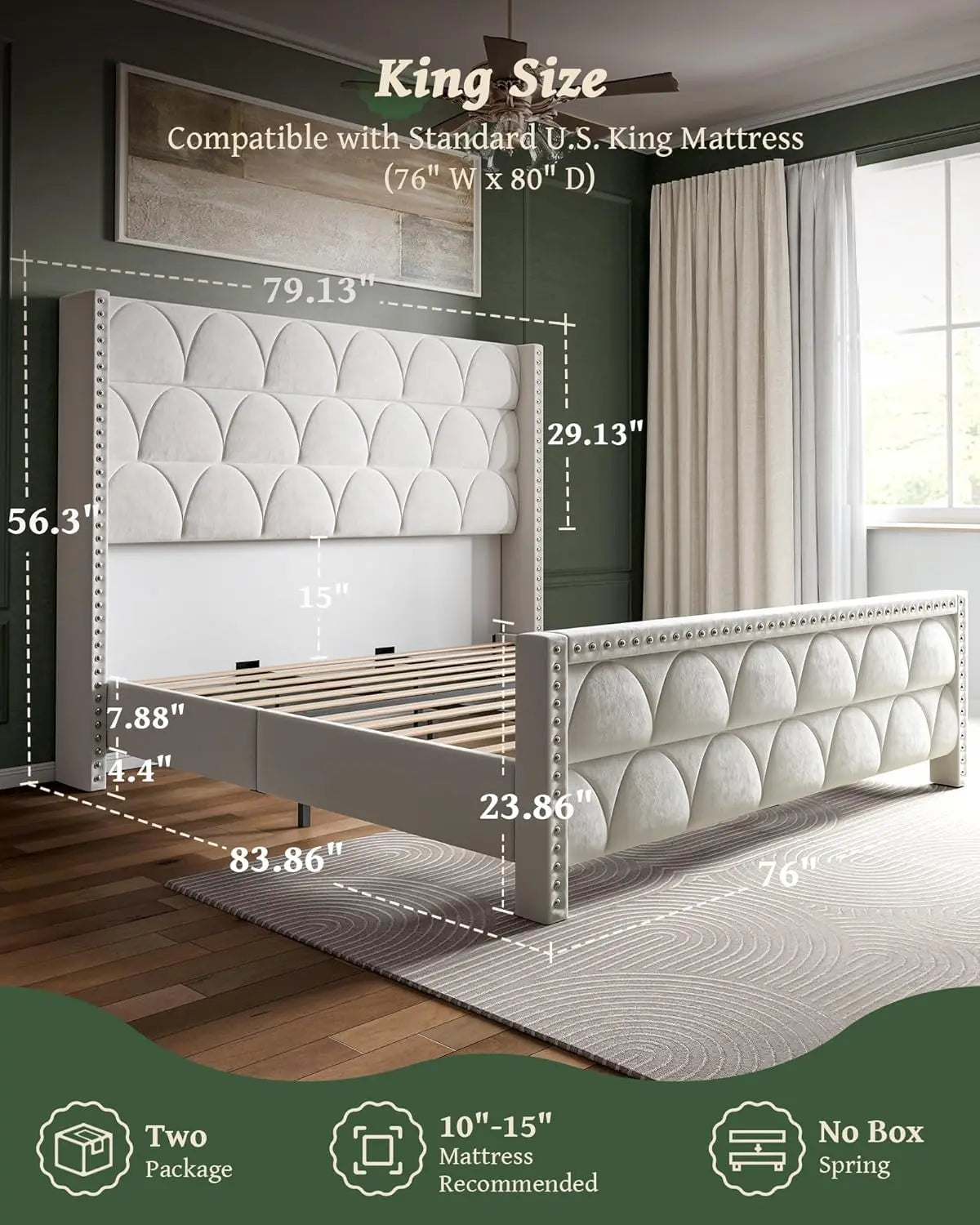 Upholstered Wingback Platform Bed Frame, Noise-Free Support