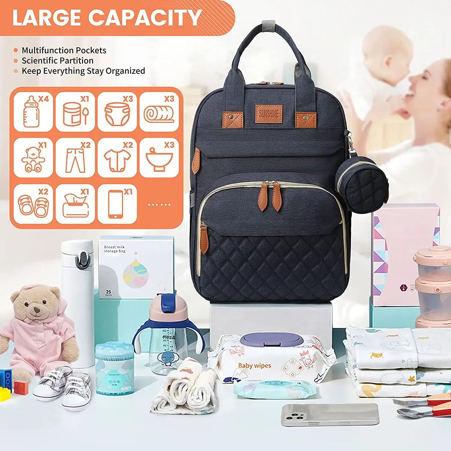 Diaper Bag Backpack with Foldable Baby Bed Waterproof