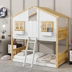 Floor House Bunk Bed with Low Bunker Bed Twin Over Twin