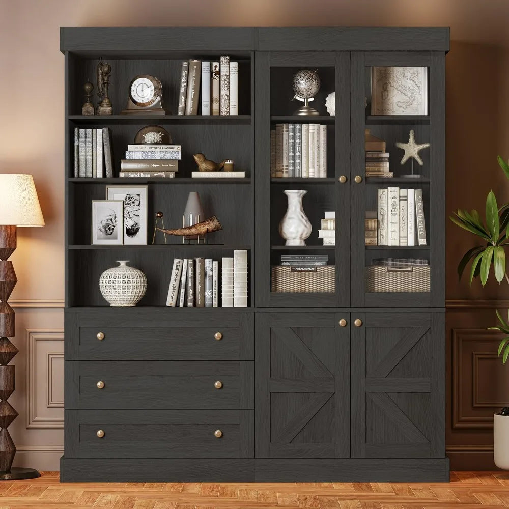 Tall Farmhouse-Style Kitchen Pantry Cabinet with Glass Doors with Adjustable Shelves