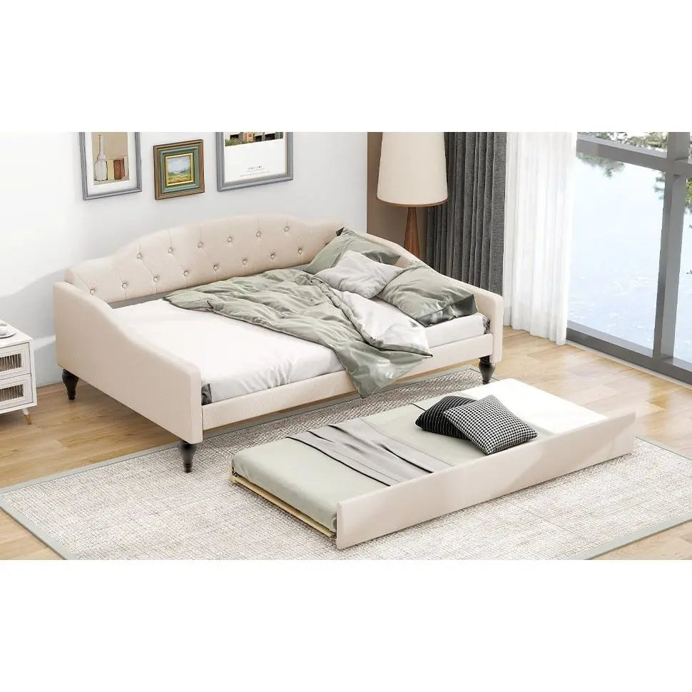 Full Size Beige Upholstered Tufted Daybed with Twin Size
