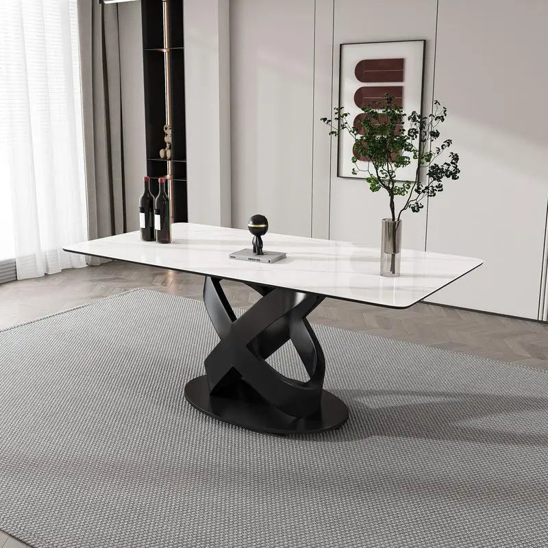 Modern Luxury Rectangular Dining Table with Centered Stone Top and Carbon Steel Base