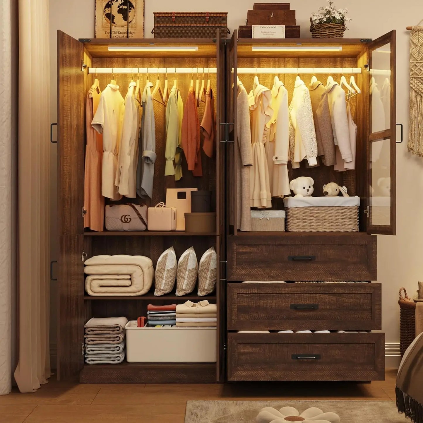 Farmhouse Armoire with LED Hanging Rod and Adjustable Shelf Storage Cabinet