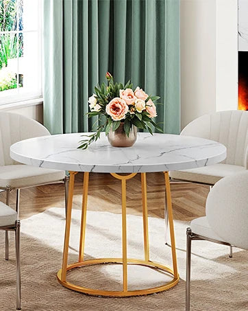 Wooden Round Marble Pattern Table with Gold Base