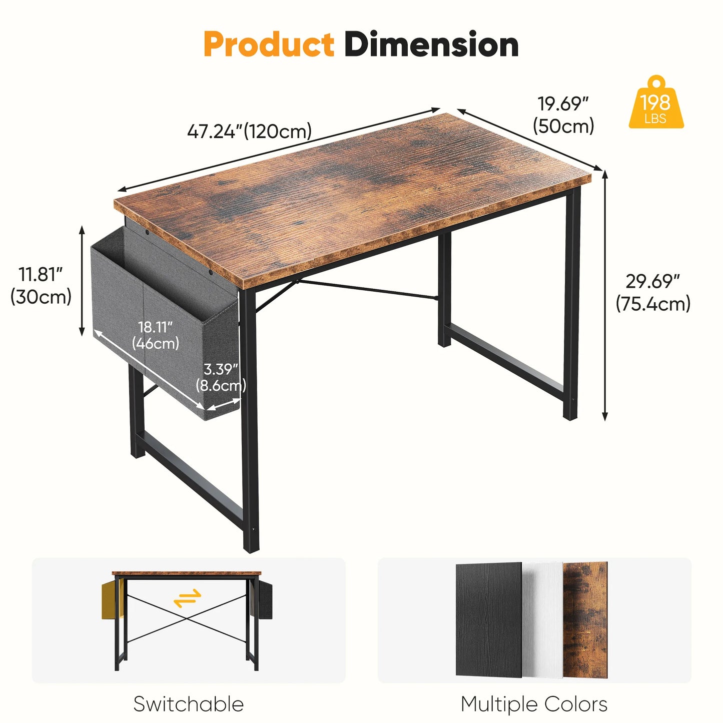 Computer Desk Writing Study Table with Storage Bag Metal Frame Wood Tabletop