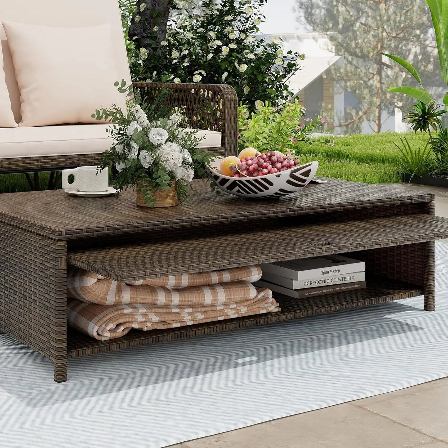 Rattan Daybed Loveseat with Adjustable Backrest & Ottoman and Zipped Cushion