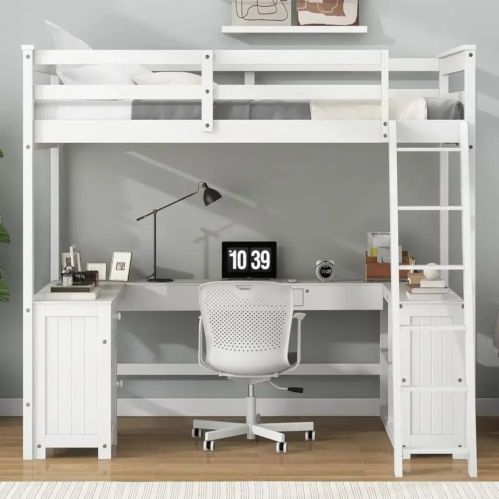 Wooden U-Shaped Loft Bed with Desk