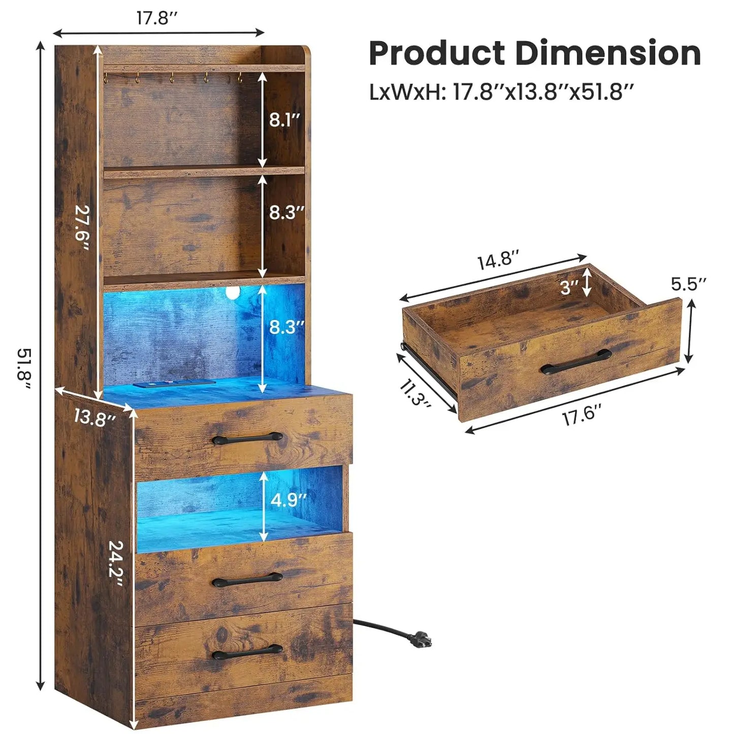Tall Nightstand with Charging Station and LED Light