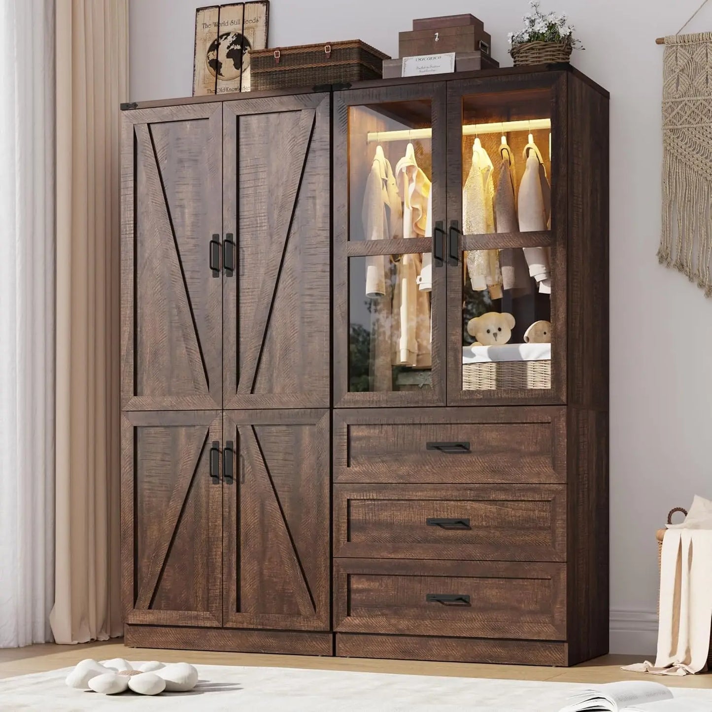 Farmhouse Armoire with LED Hanging Rod and Adjustable Shelf Storage Cabinet