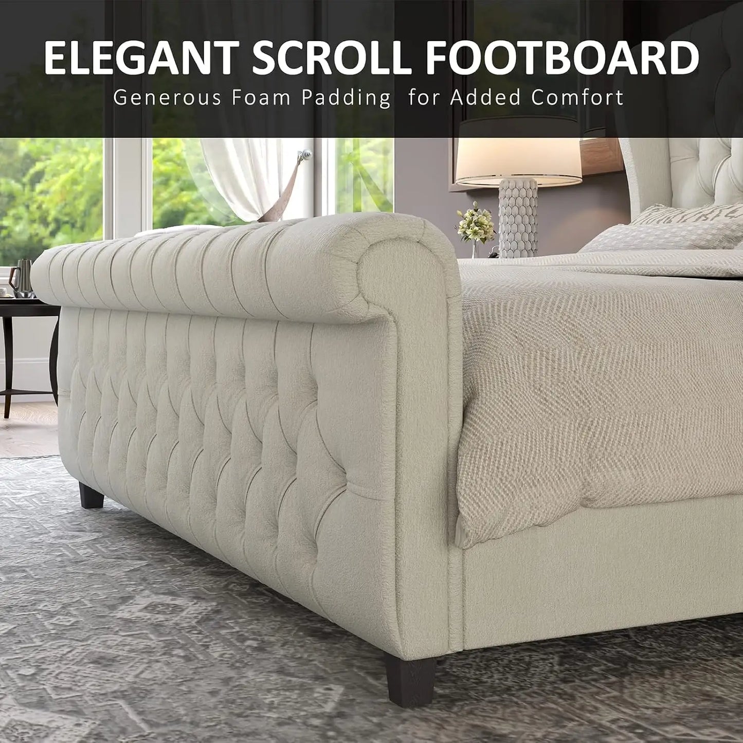 Upholstered Sleigh Bed with Scroll Wingback Headboard & Footboard/Button