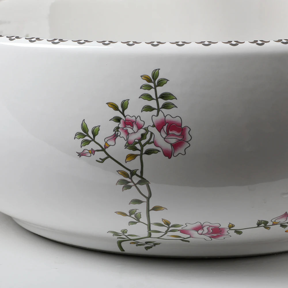 Ceramic Vessel Counter Top Flower Bird Pattern Bowl Sinks for Bathrooms