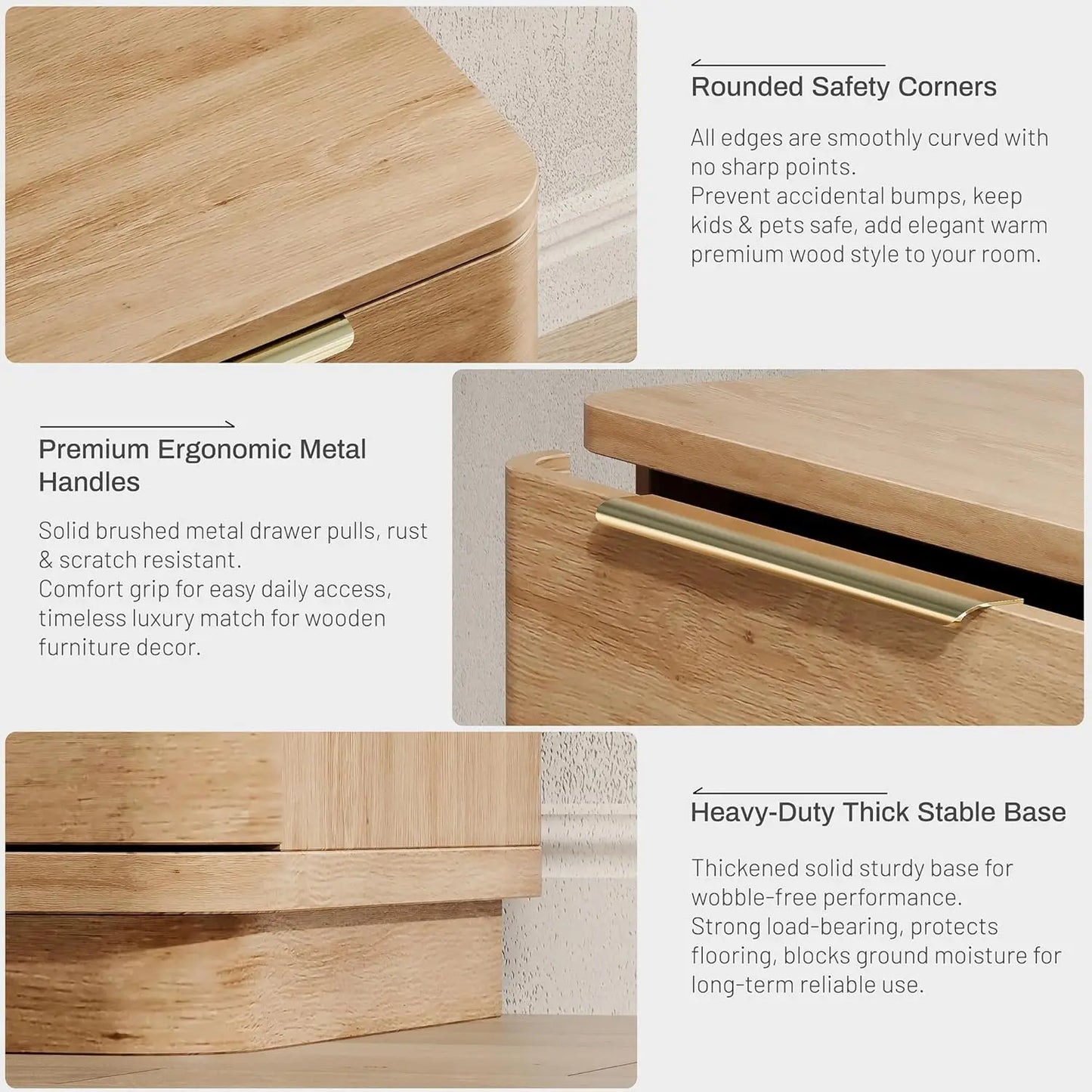 Natural Wood Nightstand with Drawers and Charging Station