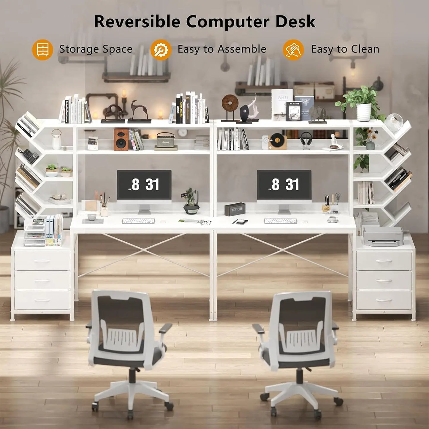 Reversible Computer Desk with Hutch Drawers Bookshelf Storage